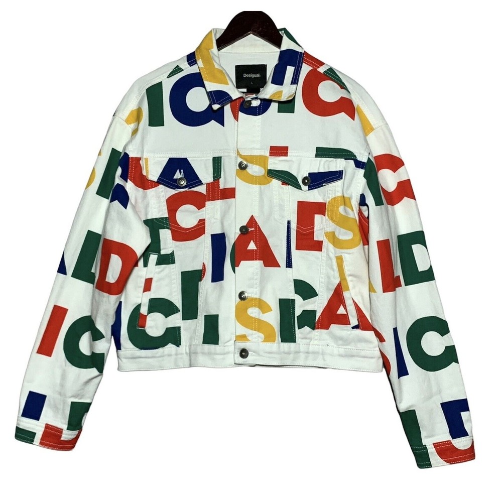 Desigual White Denim Jacket L Bold Alphabet Typography Logo Print Pop Art